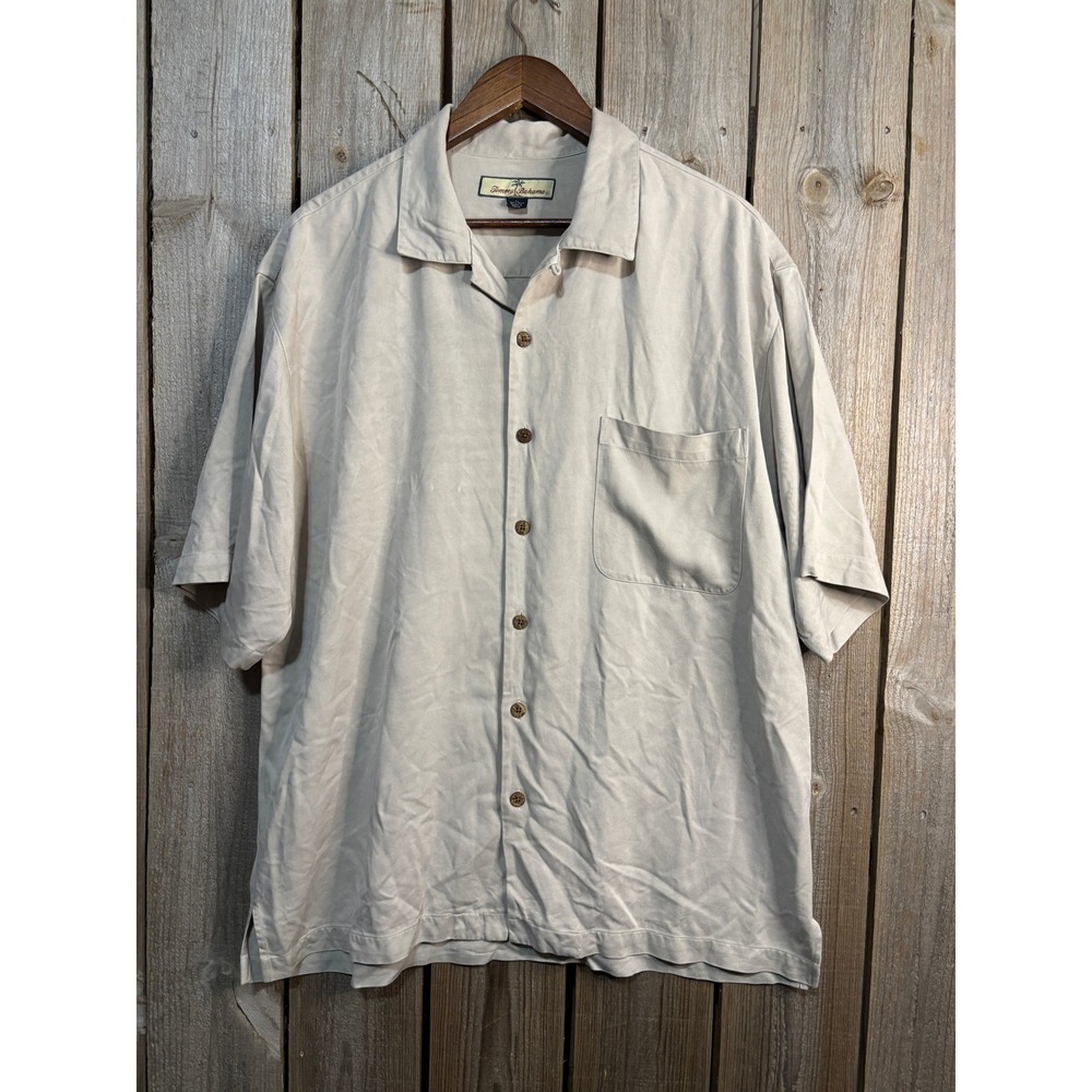 Tommy Bahama Mens Large Tan Silk Paradise Island Embroidered Camp Shirt RN 86549